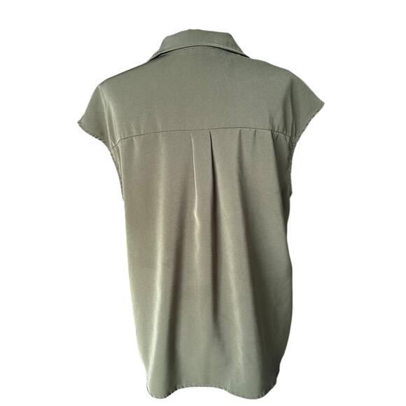 Lotusmile Olive Green Button-Down Blouse | Cap Sleeves, Pockets, Size Large - Picture 3 of 8